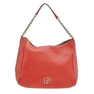 Caroline Herrera Womens Leather Chain Hobo Shoulder Tote Bag Goldware Red